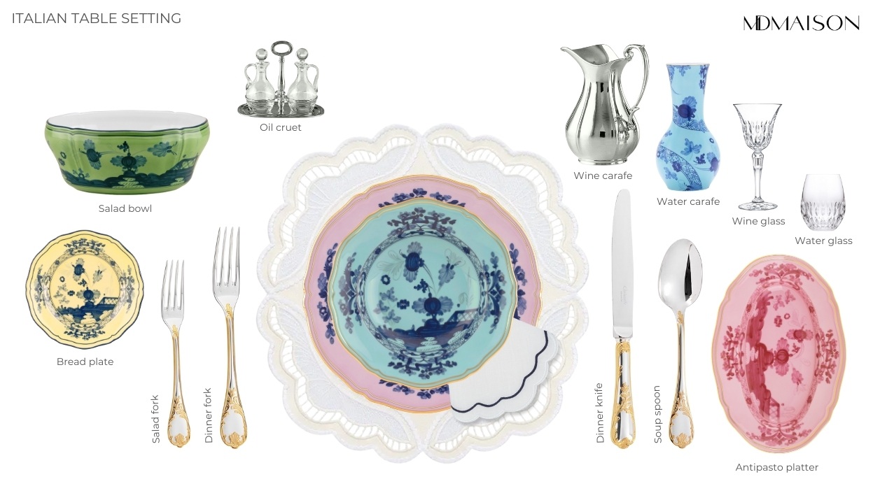 Italian Styled Table Setting with <a href="https://mdmaison.com/brands/ginori-1735/oriente-italiano">Ginori Oriente Italiano</a> — photo by MDMAISON
